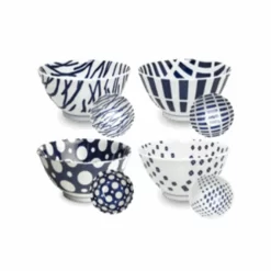 Set Of 4 Assorted Blue Japanese Rice Bowls, 19.5cm