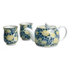 Blue Floral Japanese Tea Pot And Cups Set