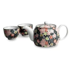 Black Floral Japanese Tea Pot And Cups Set